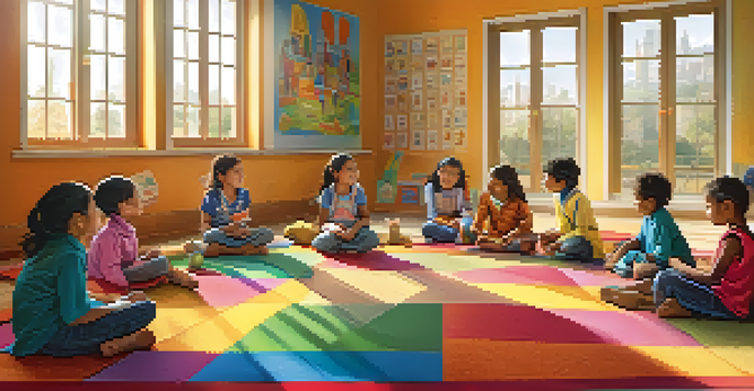 A bright and cheerful classroom with children sitting on a colorful rug, engaged in storytelling and language activities, surrounded by vibrant educational posters.