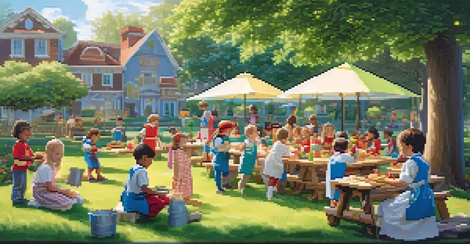 Children playing in a park, some dressed as chefs and others as superheroes, surrounded by nature and colorful scenery.