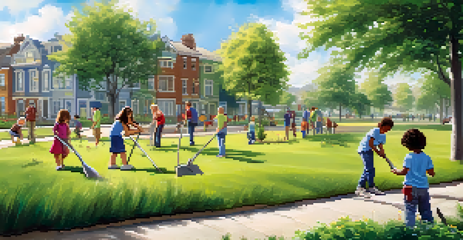Children of diverse backgrounds planting trees in a park, with adults supervising and a banner promoting environmental action.