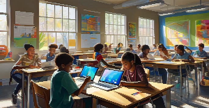 A colorful classroom with students of various backgrounds collaborating on a project, using technology and discussing ideas.