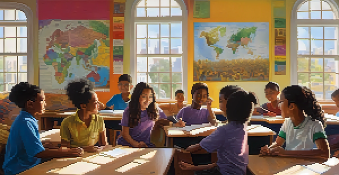 A diverse group of students working together on a project in a bright classroom, showcasing collaboration and cultural engagement.