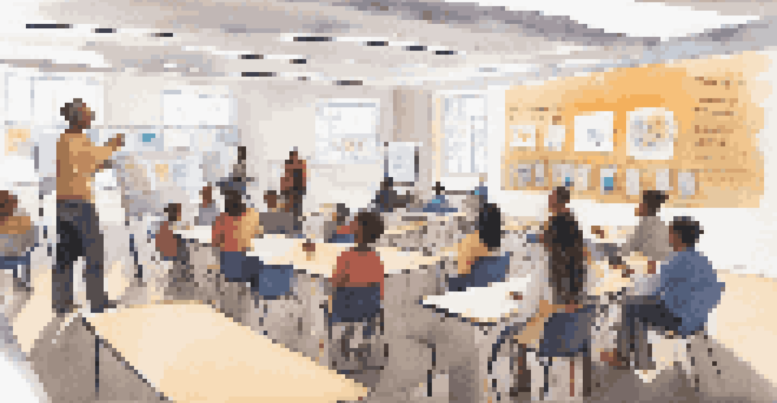 Parents participating in a school workshop focused on digital equity, with informative posters and a projector displaying key points in a collaborative atmosphere.