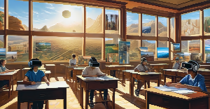 Students in a classroom wearing VR headsets, exploring ancient civilizations with sunlight illuminating the room.