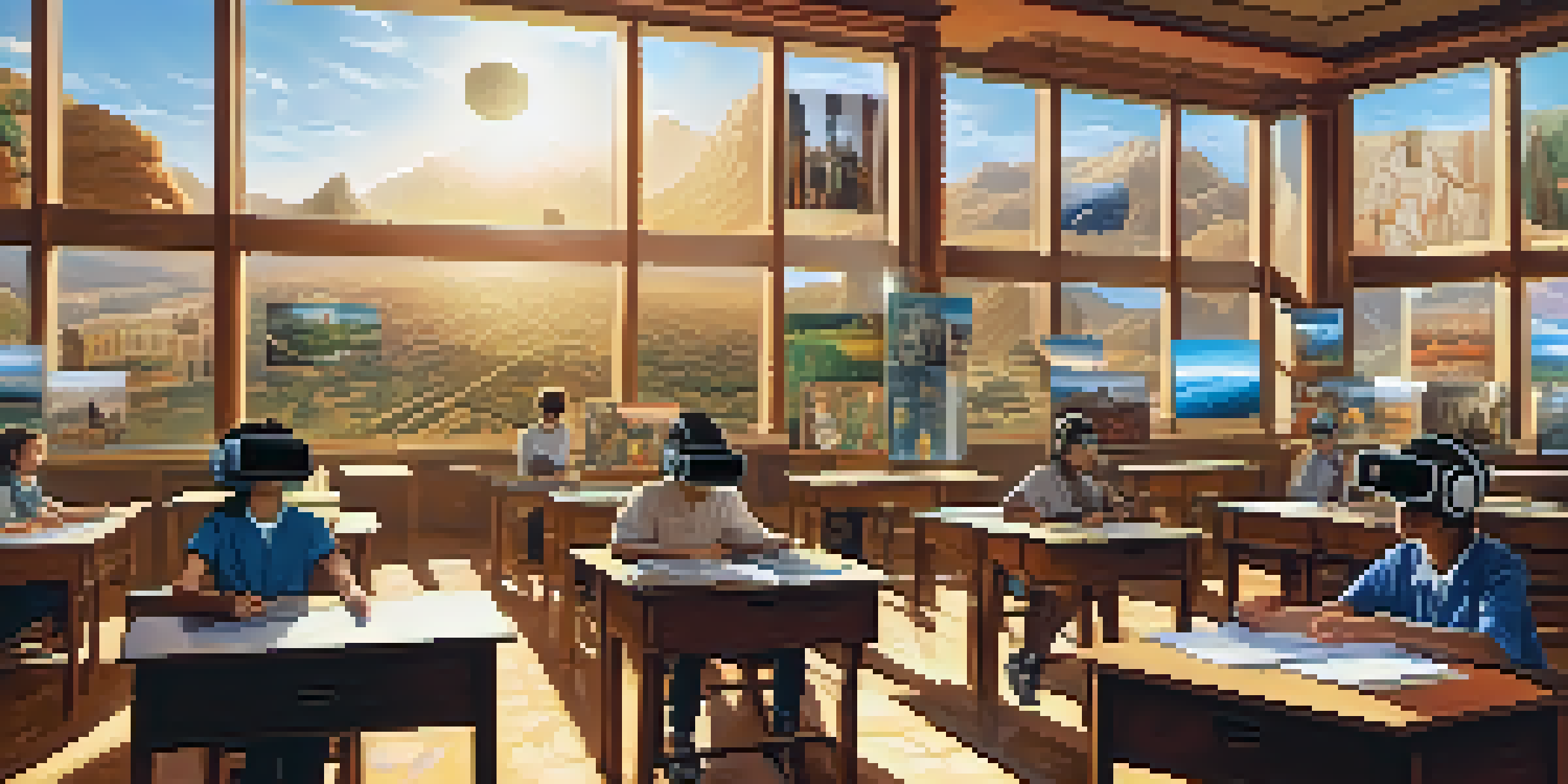 Students in a classroom wearing VR headsets, exploring ancient civilizations with sunlight illuminating the room.