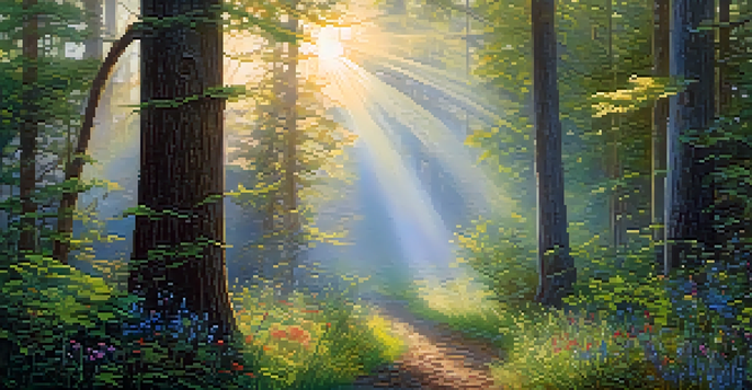 A peaceful forest at dawn with sunlight shining through the trees and colorful wildflowers in the foreground.