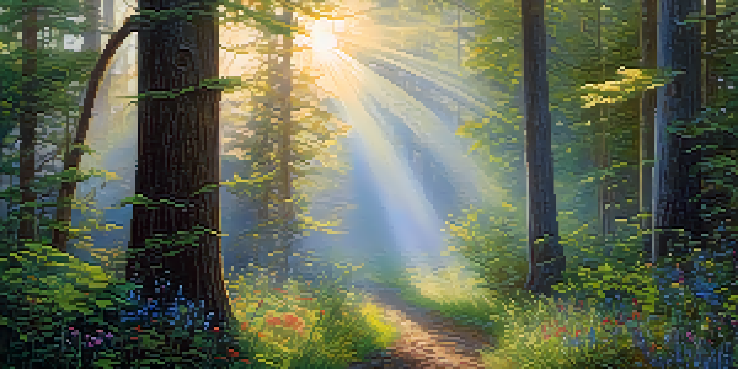 A peaceful forest at dawn with sunlight shining through the trees and colorful wildflowers in the foreground.
