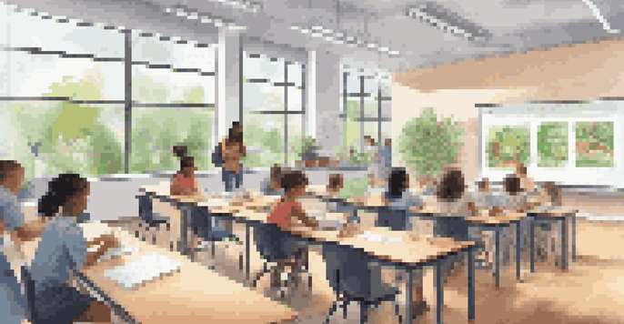A bright and modern classroom with diverse students using AI technology for collaborative learning.