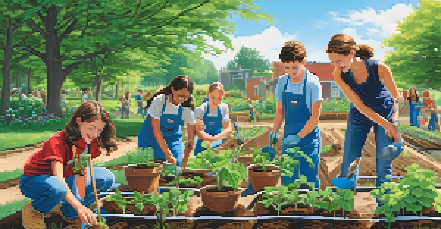 Students planting seeds and working together in a vibrant community garden, surrounded by greenery and flowers, under a bright blue sky.