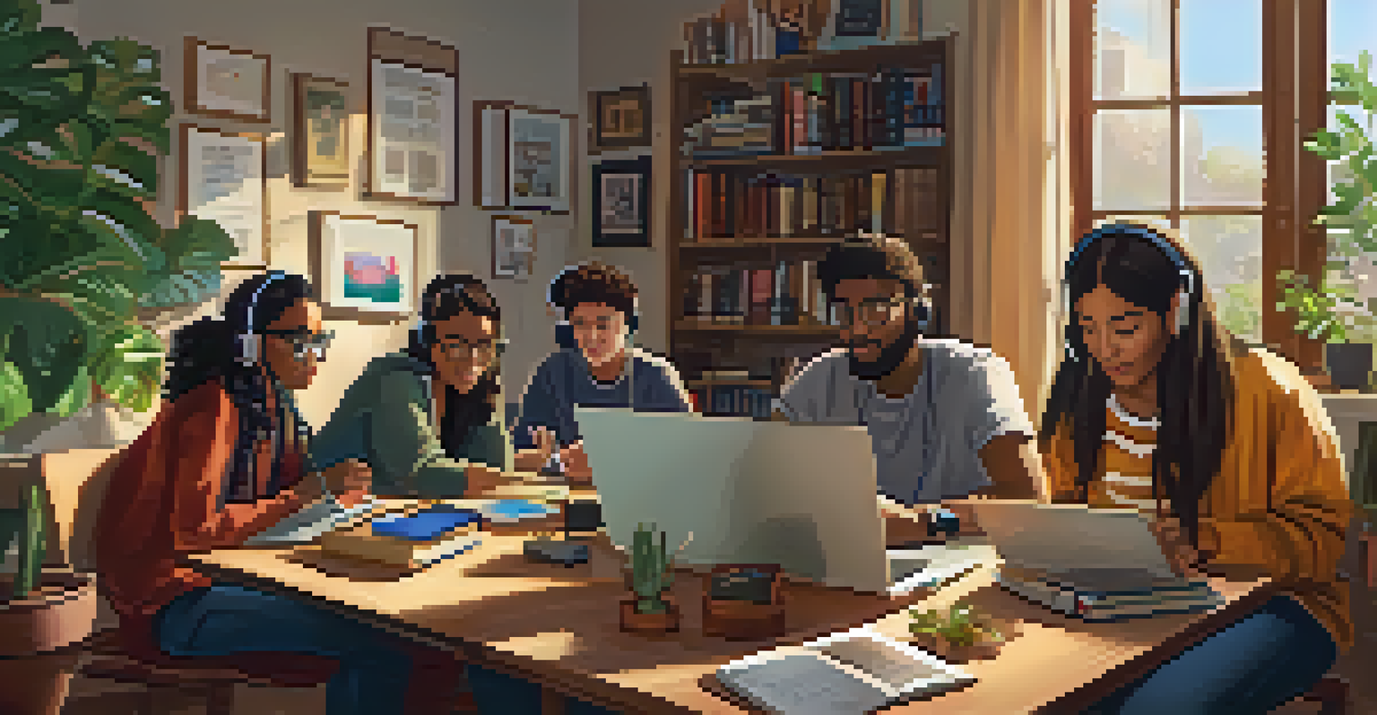 A group of students in a cozy environment engaged in an online learning session, using laptops and headphones to connect with peers from another country.