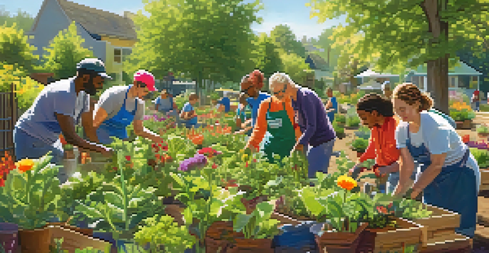 A diverse group of volunteers planting flowers and vegetables in a community garden under warm sunlight.