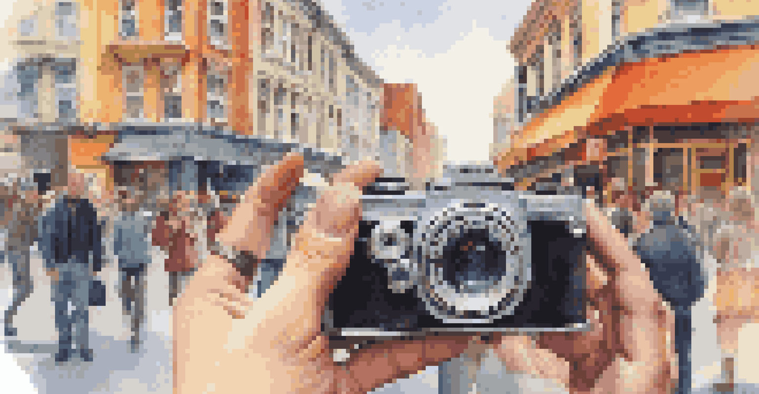 A hand holding a vintage camera with a bustling city street and colorful shops in the background.