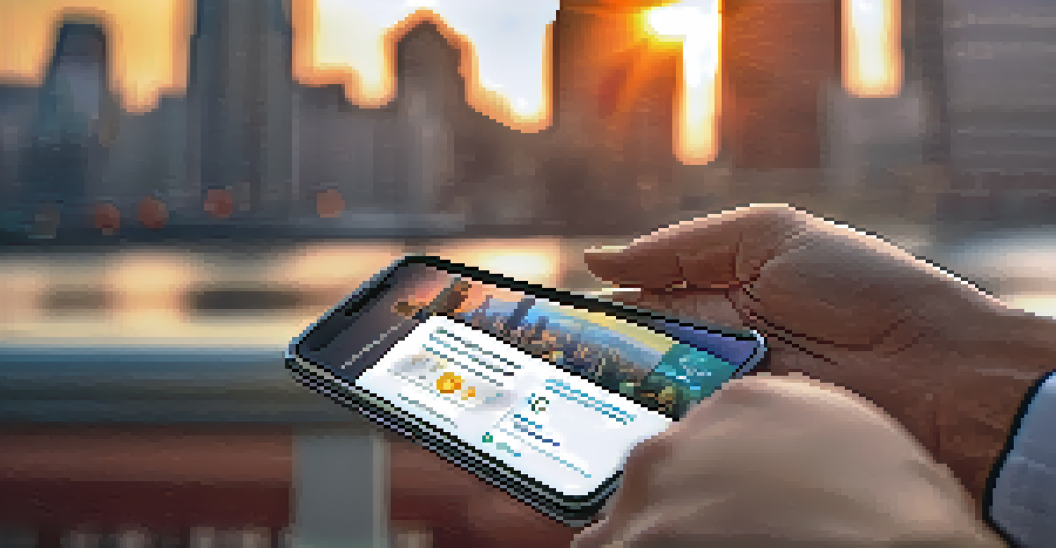 A close-up of a hand interacting with a mobile banking app, with a city skyline in the background during sunset.