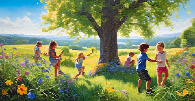 Children playing outside, climbing trees and exploring nature on a sunny day.