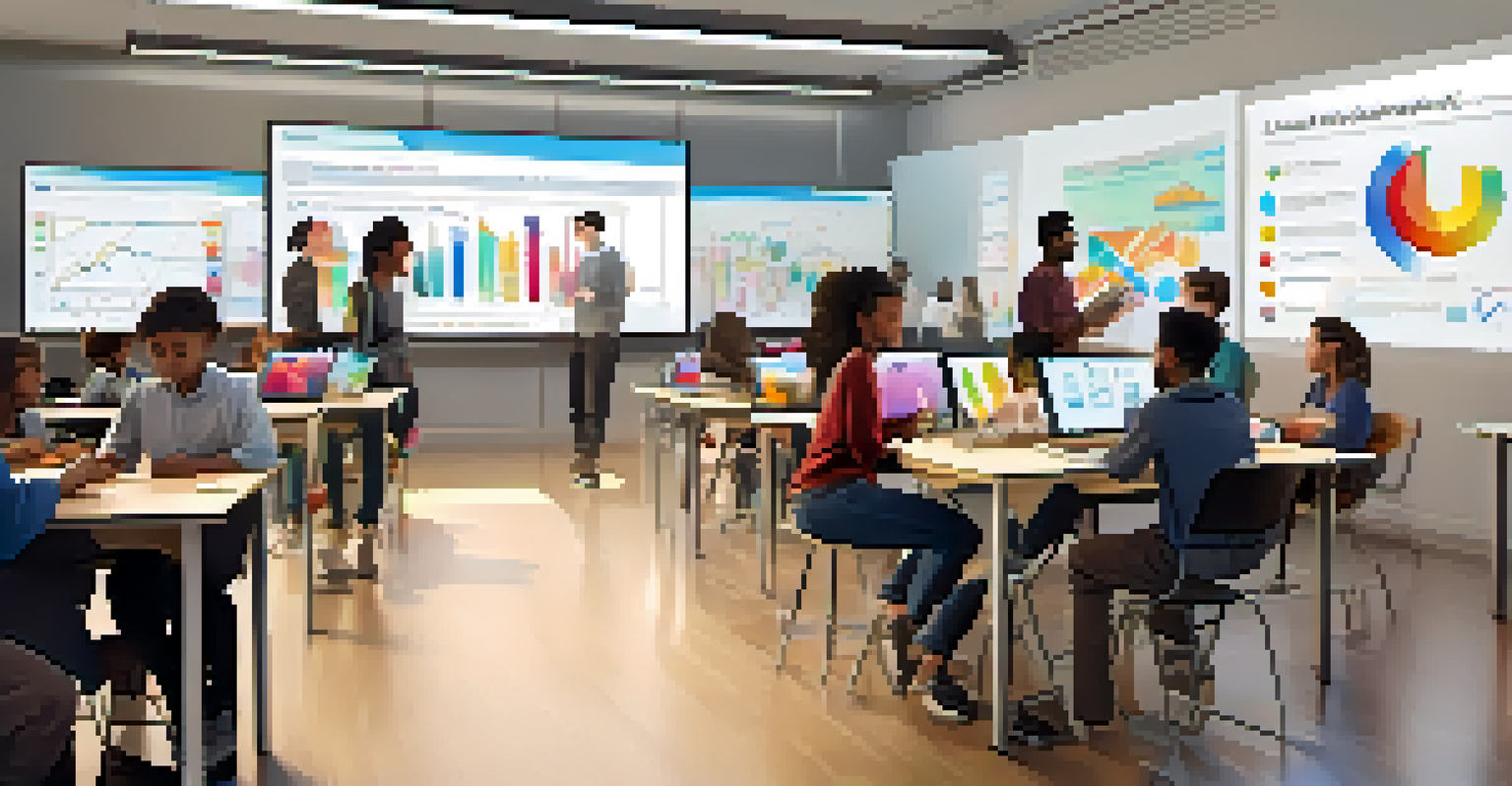 A vibrant classroom filled with students actively engaging with interactive digital visuals on large screens.