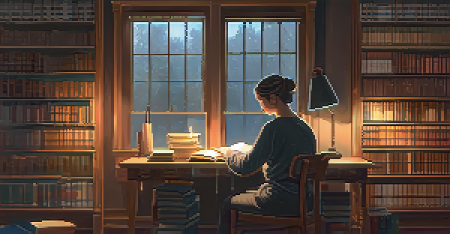 A student studying at a wooden table in a cozy library, surrounded by books, with a desk lamp glowing warmly.