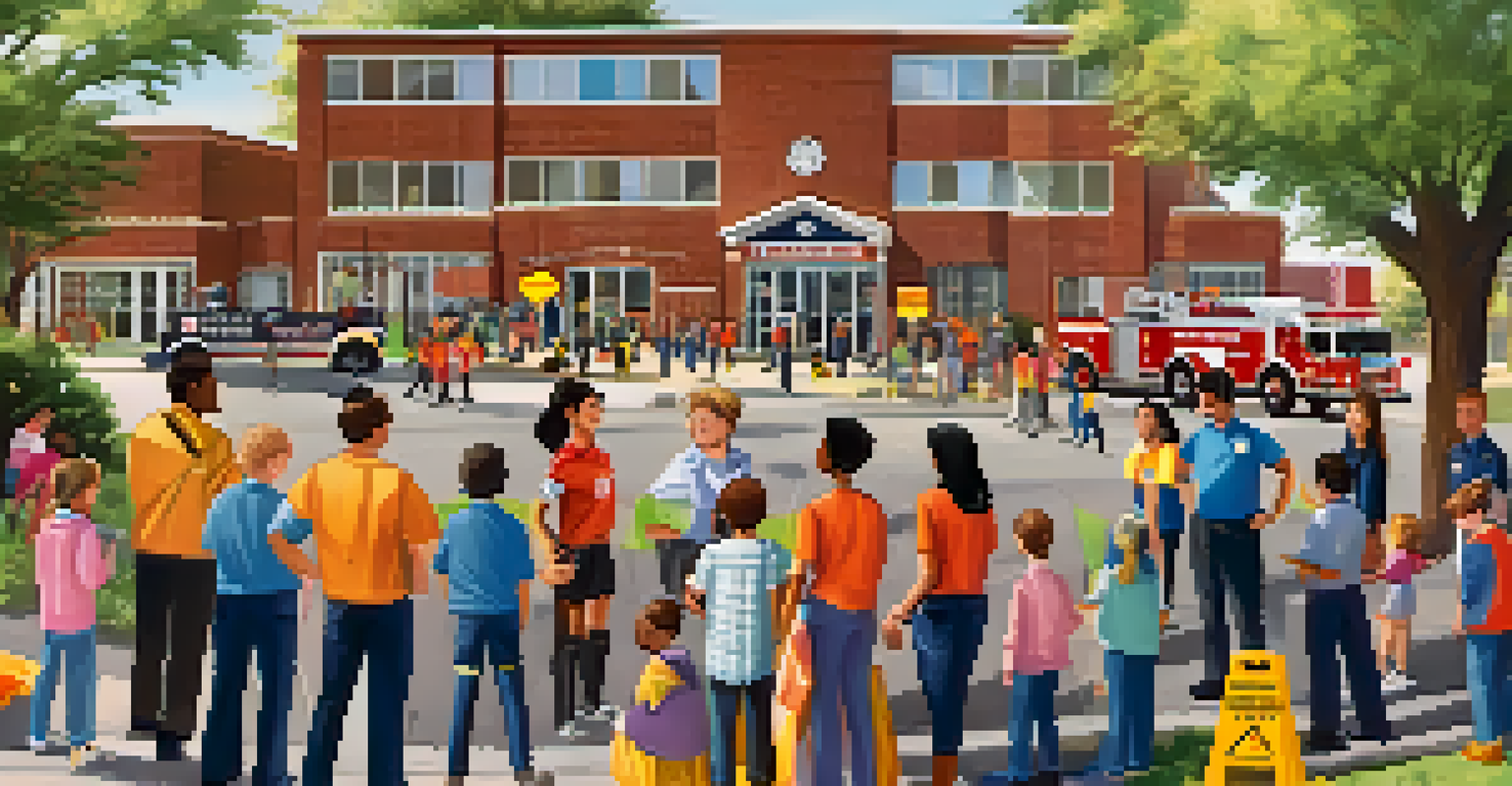 An outdoor school safety workshop with parents and community members engaging with emergency services personnel, children practicing safety techniques.