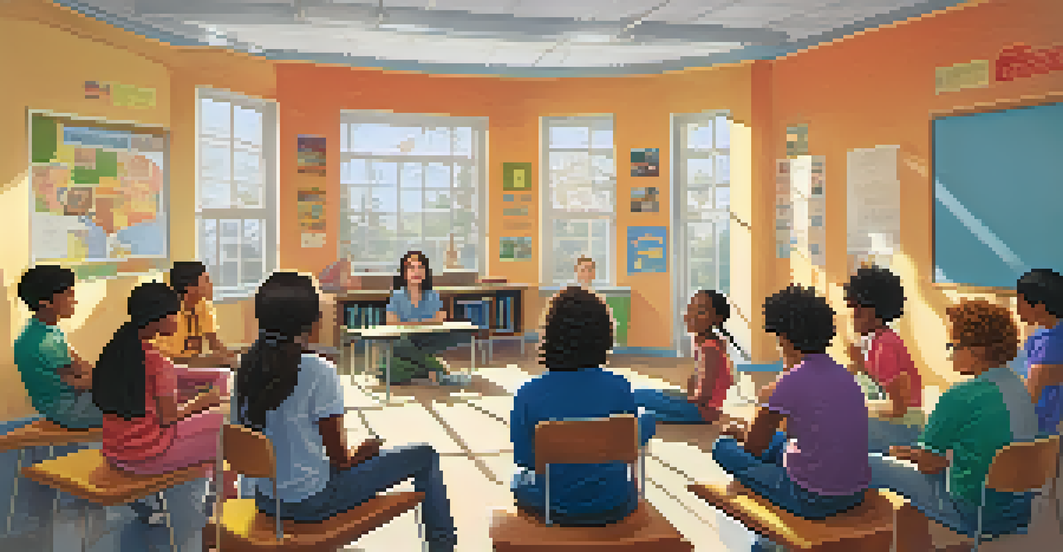 A classroom with students sitting in a circle, engaged in a lively discussion about societal issues with supportive visuals on the walls.