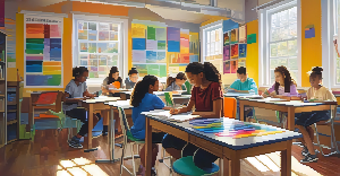 A classroom filled with diverse students working together on a project, surrounded by colorful educational materials and bathed in natural light.