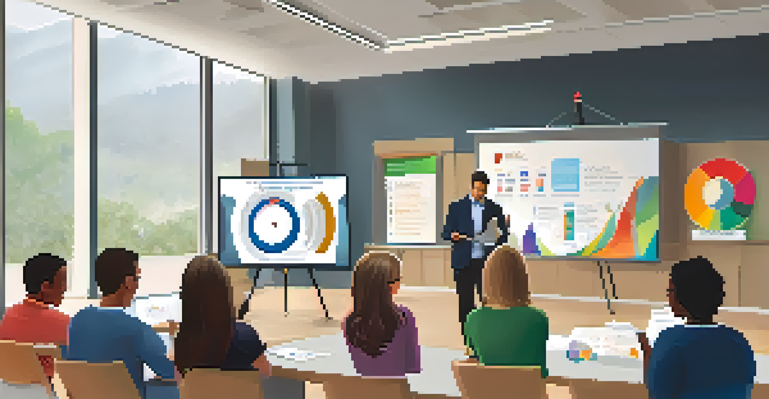 A school administrator leading a workshop on data literacy with educators attentively listening in a modern conference room.