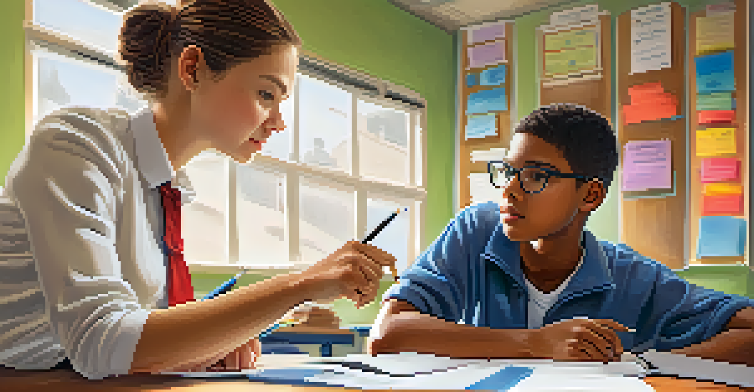 A teacher giving feedback to a student, with the teacher pointing at the student's work and the student listening attentively.