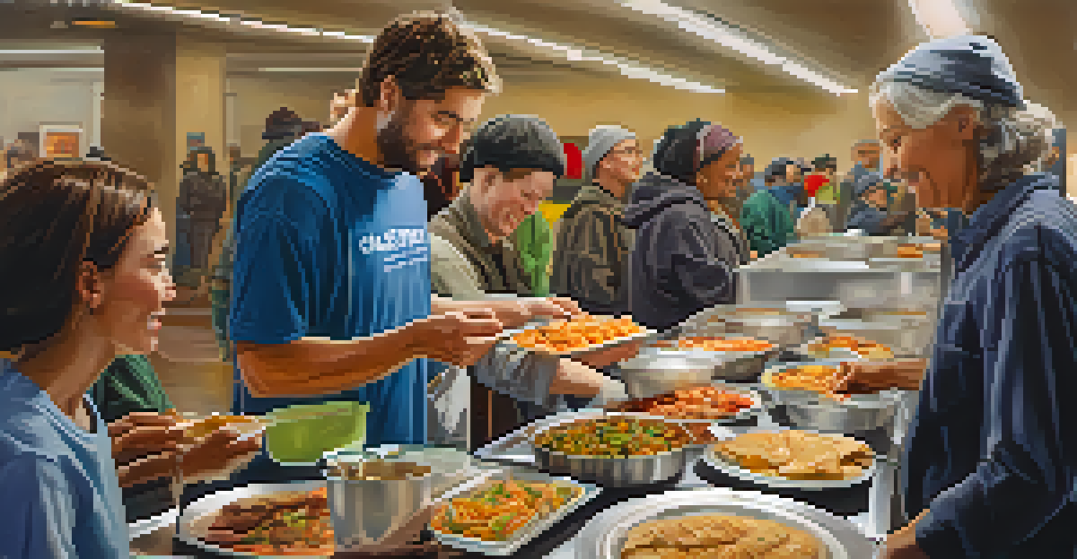 A volunteer serving meals at a cozy homeless shelter, showcasing warm interactions with individuals receiving food.
