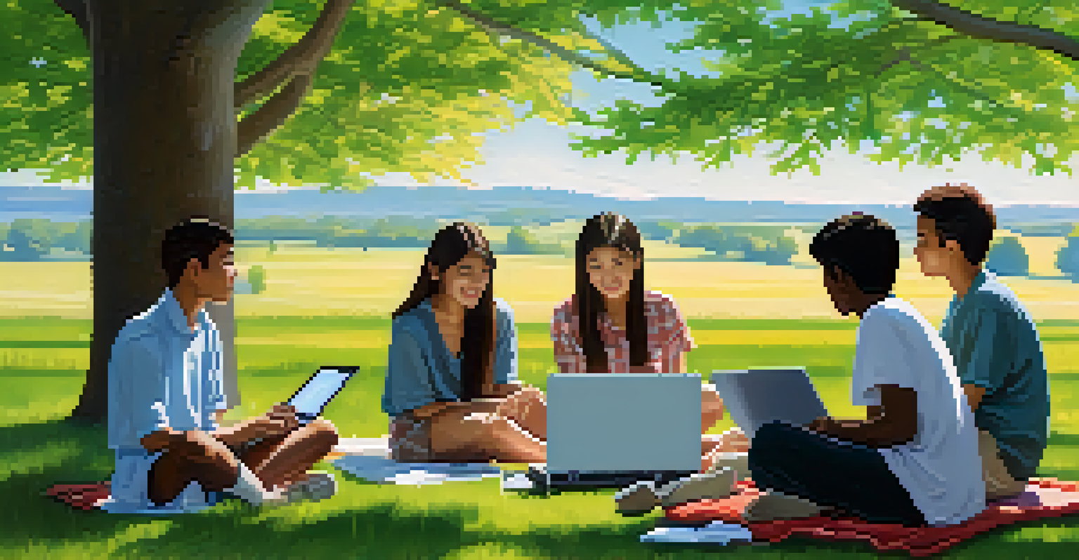 A diverse group of students sitting on a grassy field, sharing ideas over a laptop in an outdoor setting, surrounded by trees and a bright blue sky.
