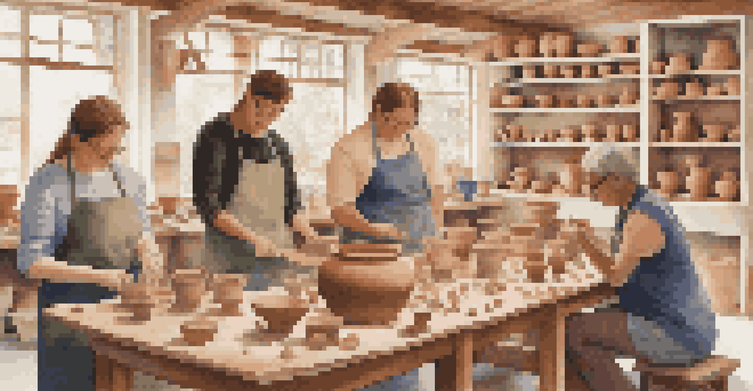 A diverse group of people in a pottery class, working on clay pieces in a sunlit studio filled with vibrant pottery.