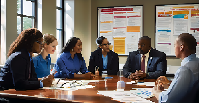 A diverse group of school staff members discussing a crisis management plan in a bright conference room.