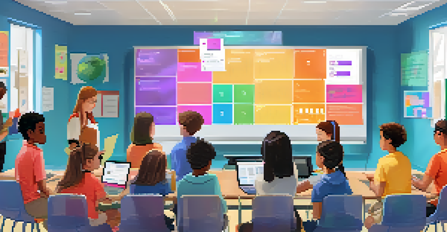 A classroom filled with students sharing and discussing their digital portfolios, with devices on their desks and colorful educational materials on the walls.