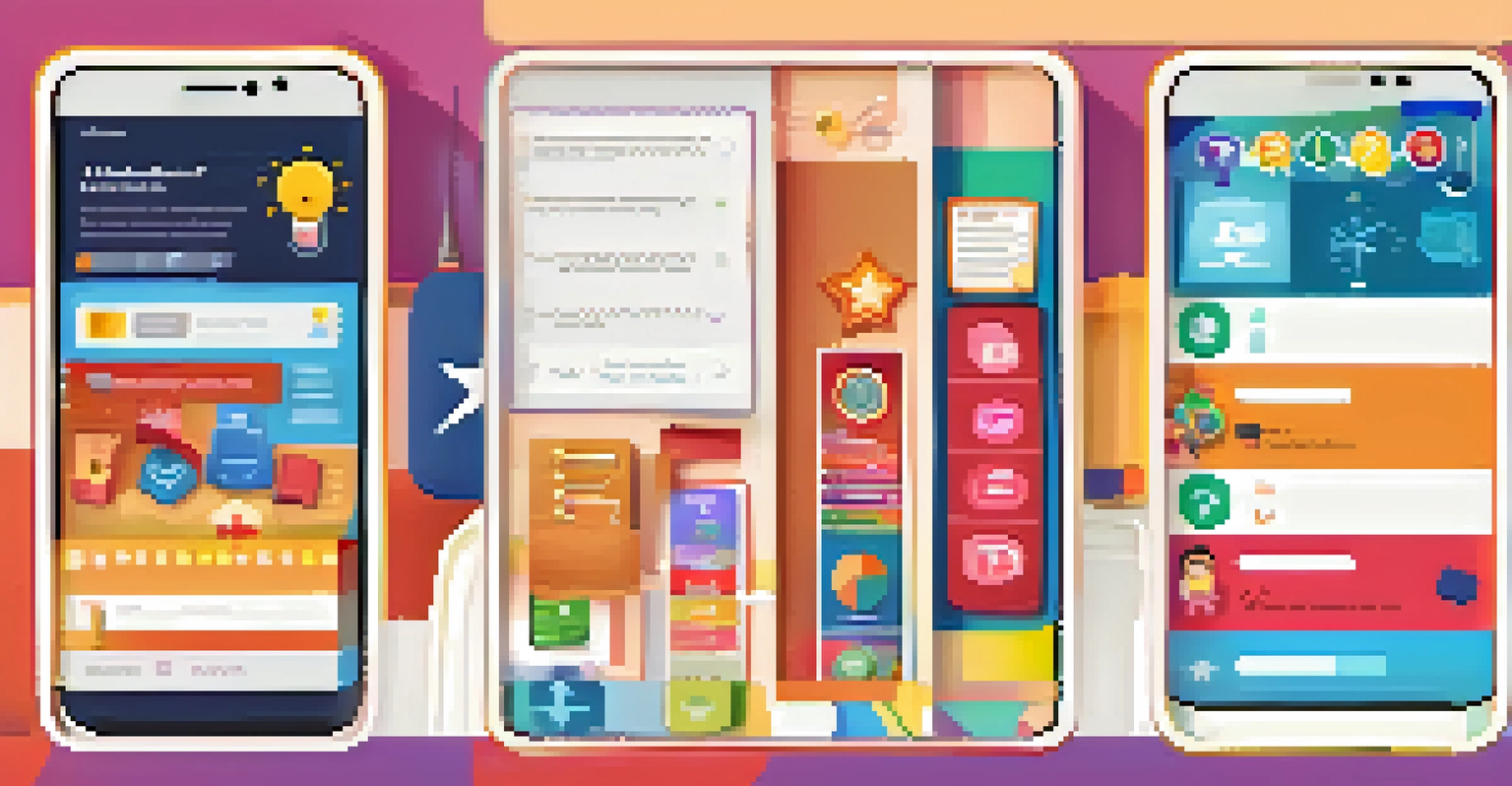 A close-up of a mobile app interface with a feedback survey, featuring playful gamification elements, surrounded by educational supplies.