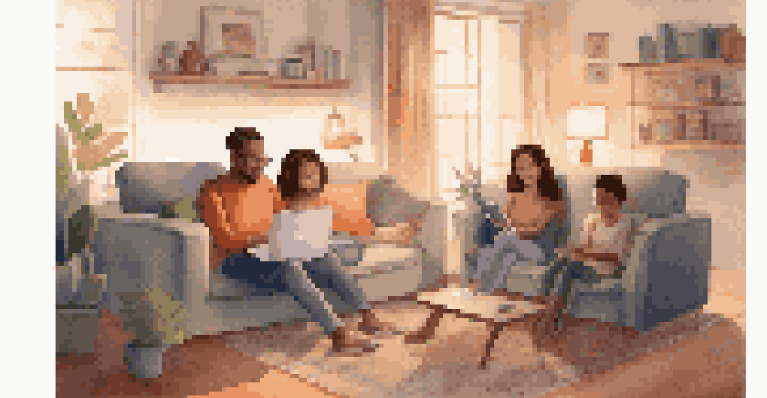 A family in a cozy living room discussing digital rights while looking at a laptop, surrounded by books and digital devices.