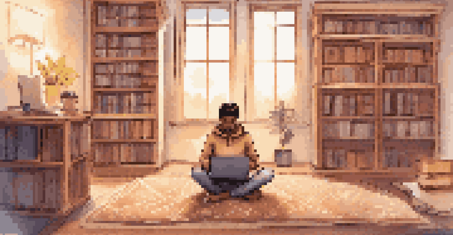 A person learning on a laptop while sitting on a rug, surrounded by books and motivational quotes in a warmly lit room.