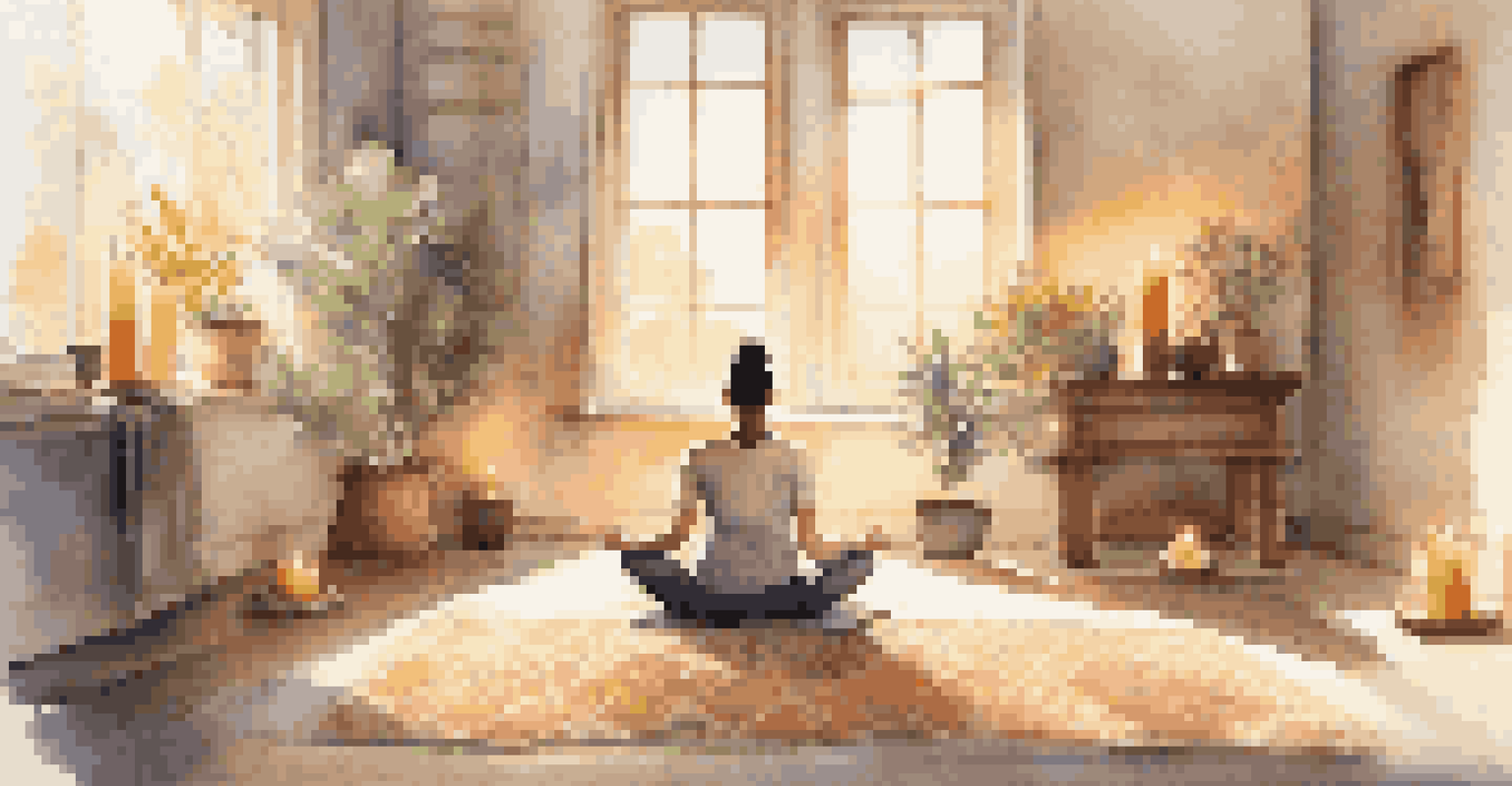 A person meditating in a sunlit room surrounded by candles and cushions, portraying a sense of tranquility and focus.