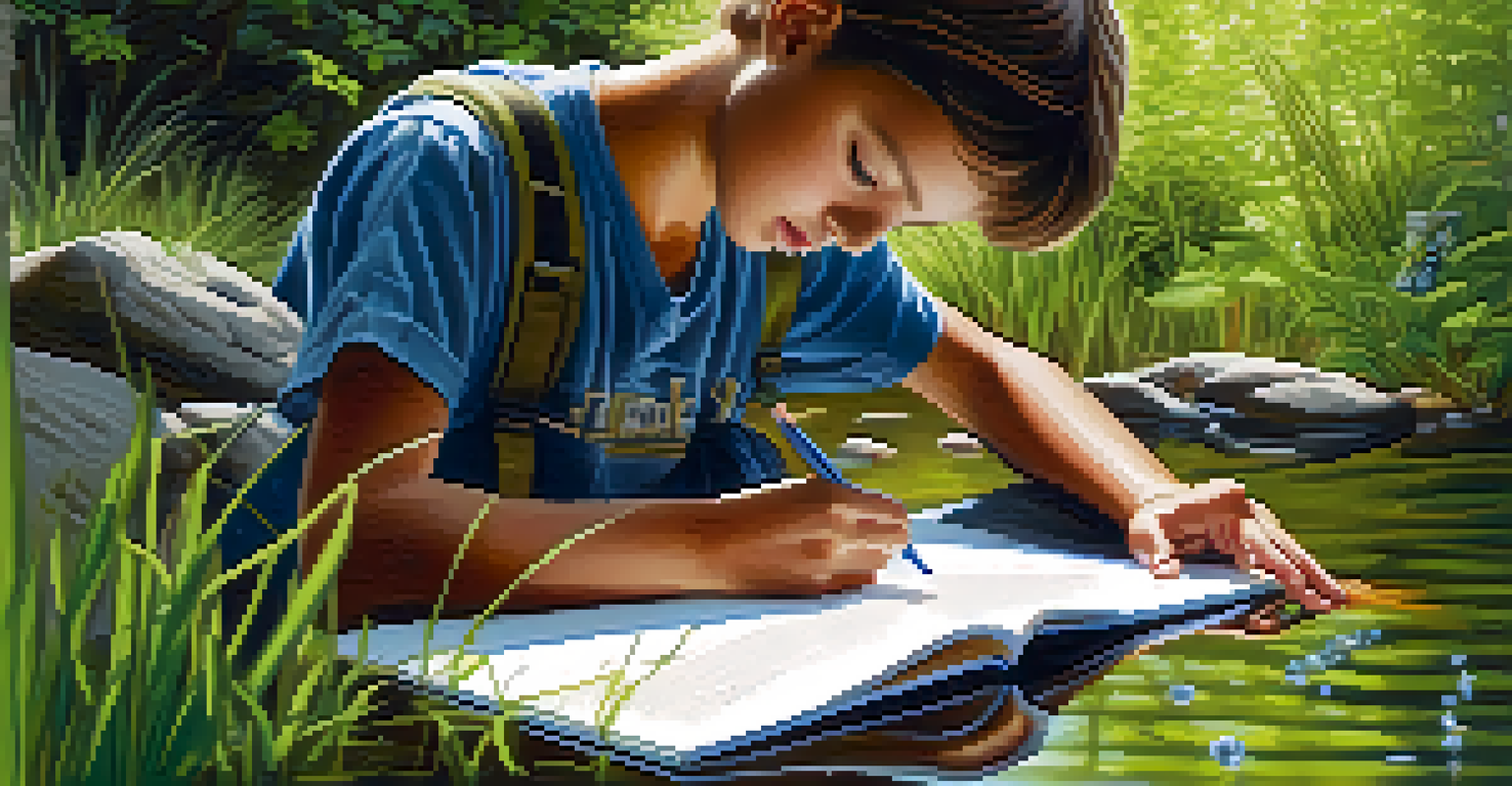 A student observing plants and insects by a clear stream, engaged in outdoor learning and taking notes, surrounded by lush greenery.