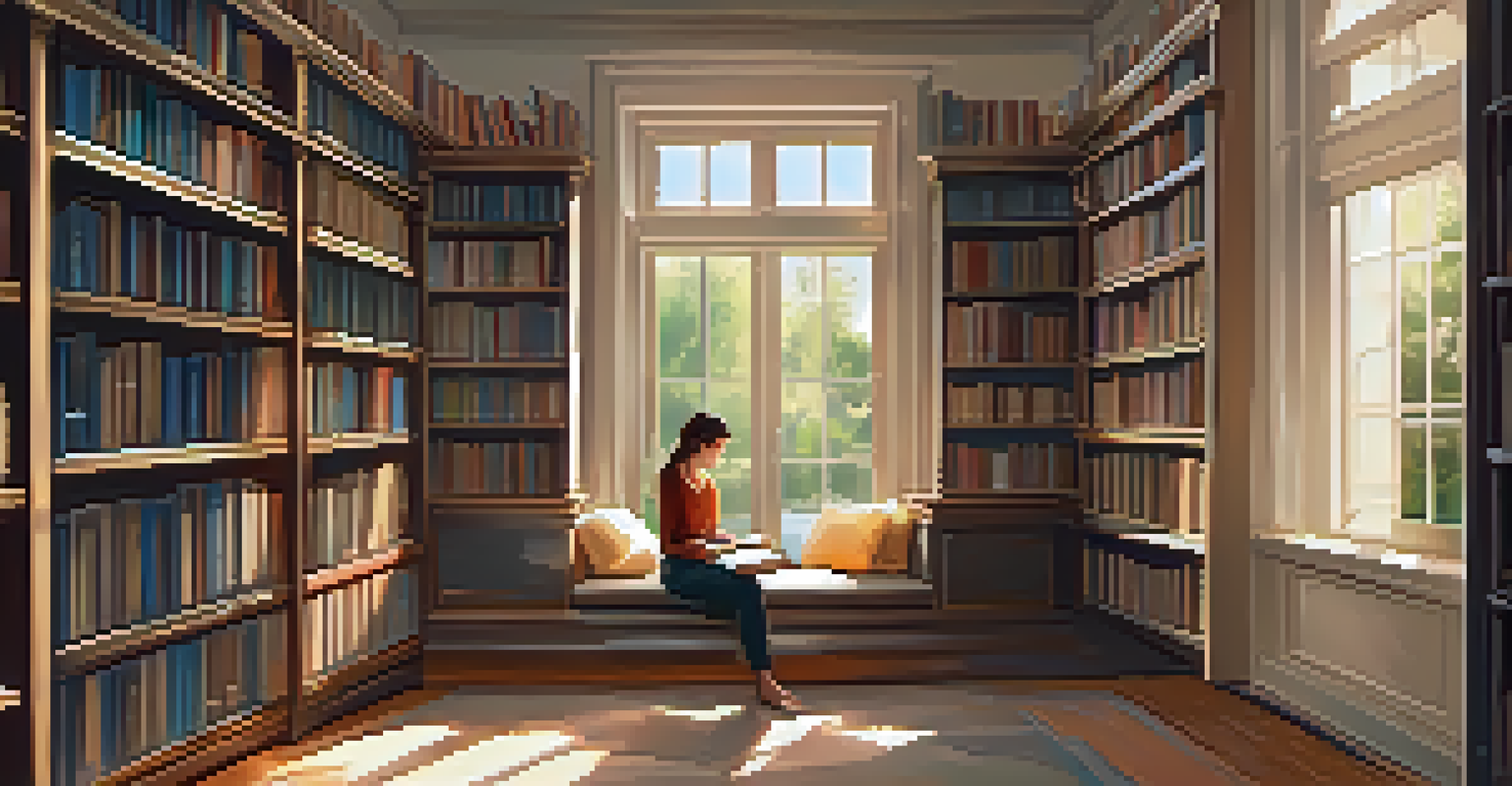 A student studying in a quiet library nook, surrounded by books and warm lighting, creating a tranquil learning environment.