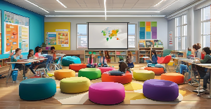 A modern classroom with flexible seating and students collaborating on a project.