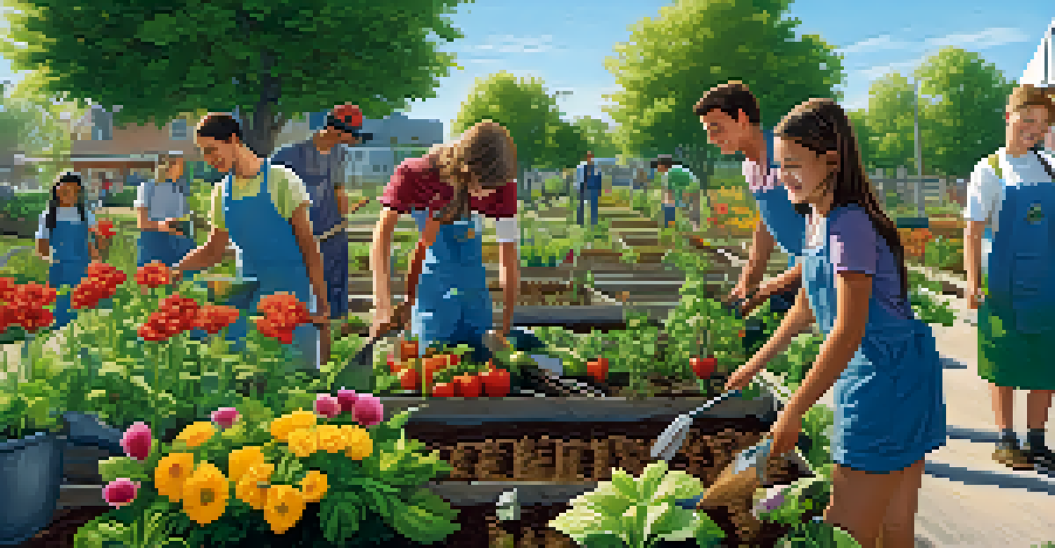 Students and community members working together in a garden, planting flowers and vegetables in a sunny outdoor setting.