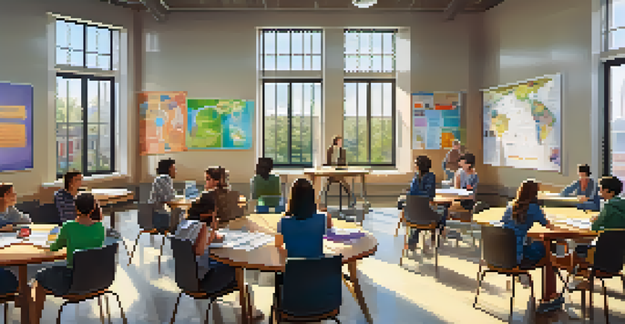 A vibrant classroom with students collaborating at a circular table, laptops in front of them, and educational posters on the walls, illuminated by soft natural light.