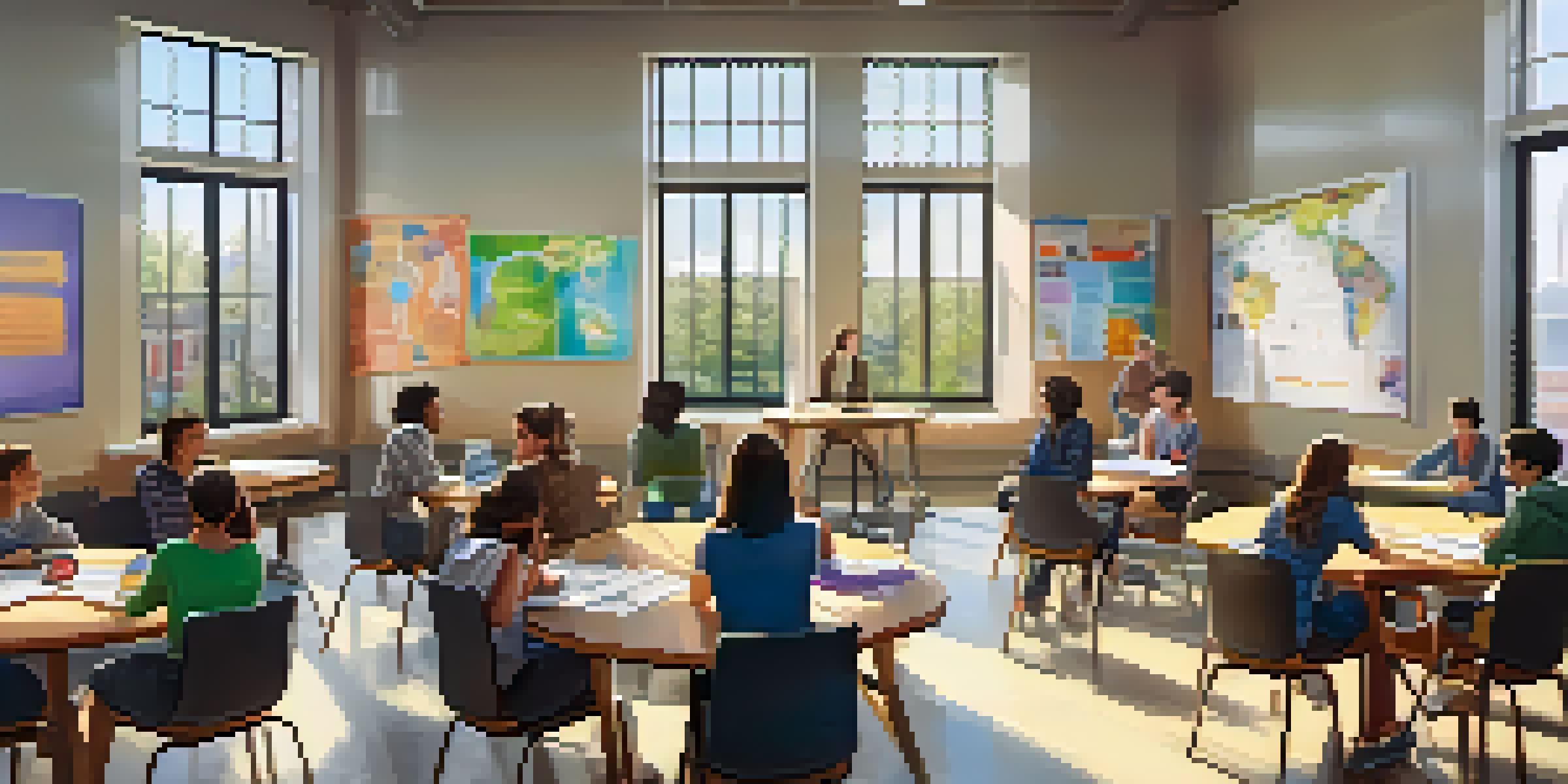 A vibrant classroom with students collaborating at a circular table, laptops in front of them, and educational posters on the walls, illuminated by soft natural light.