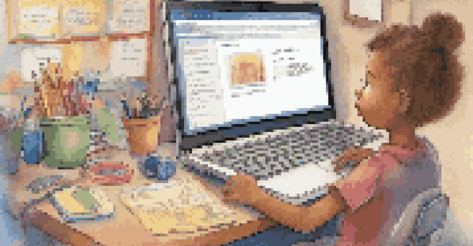 A child's hands on a laptop keyboard in a classroom, surrounded by school supplies and a motivational poster, with warm lighting enhancing the cozy atmosphere.