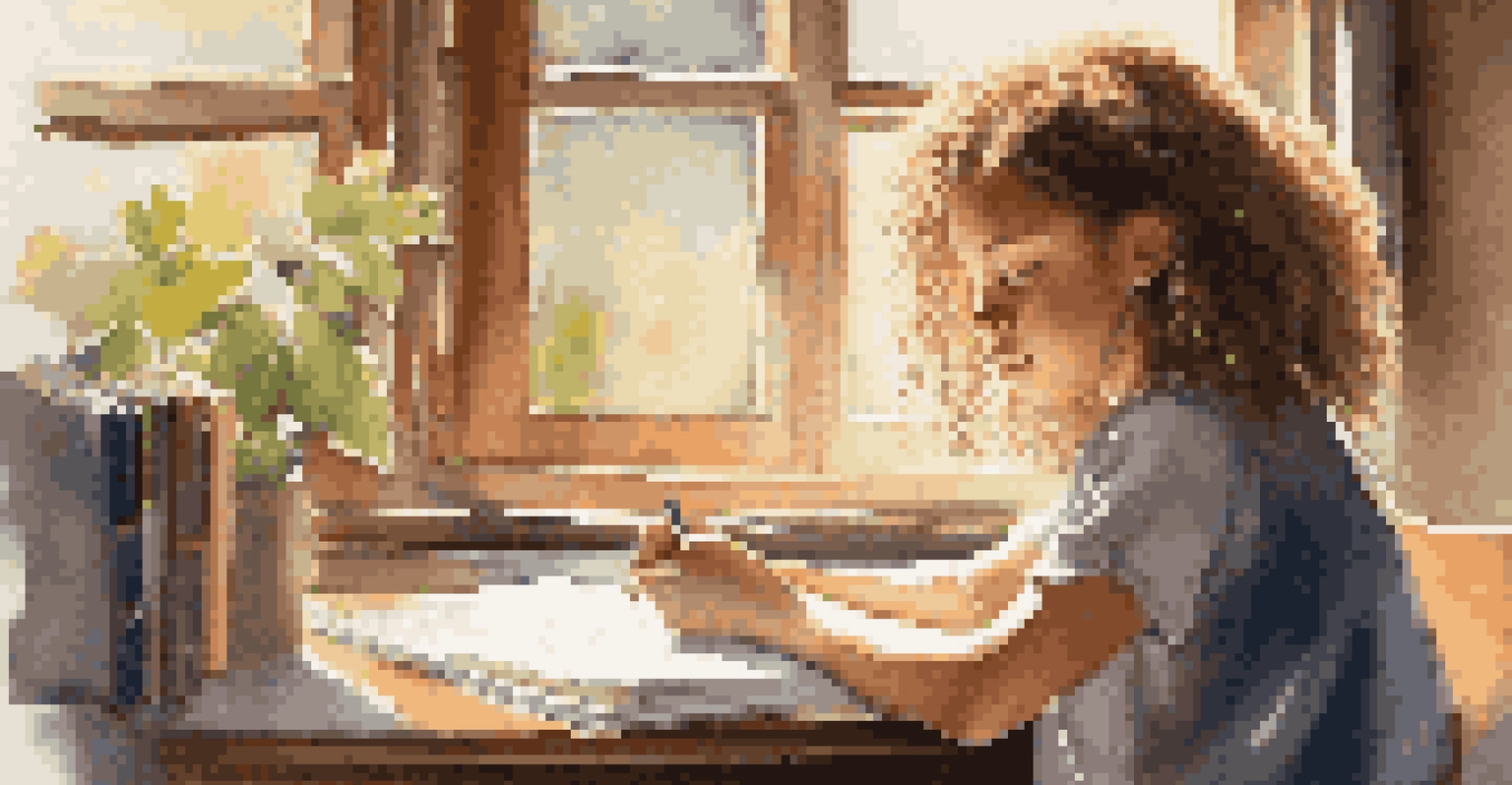 A young girl reflecting on her learning journey at a desk filled with books and a journal, with sunlight creating a warm atmosphere.
