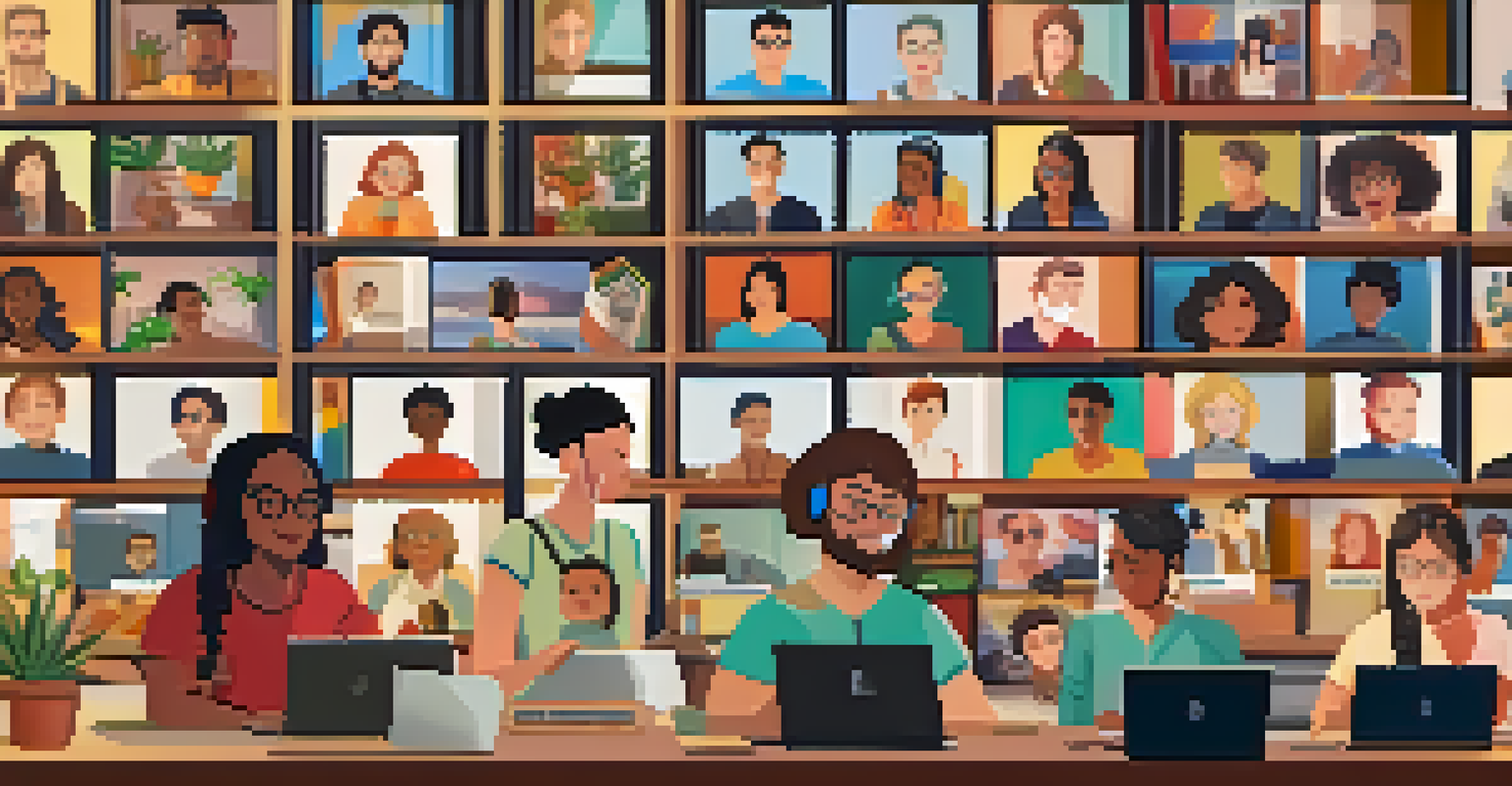 A video conference with students from different countries on their laptops, showcasing a diverse group of faces in a cozy setting with bookshelves.