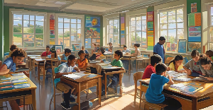 A classroom with diverse students actively choosing from learning stations, surrounded by colorful educational materials and sunlight.