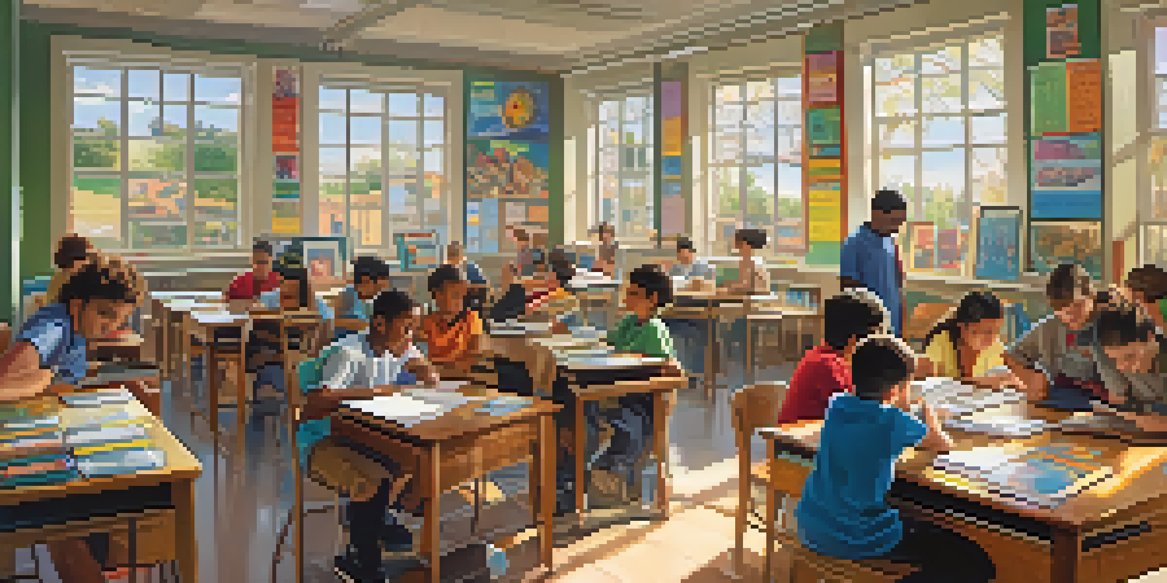 A classroom with diverse students actively choosing from learning stations, surrounded by colorful educational materials and sunlight.