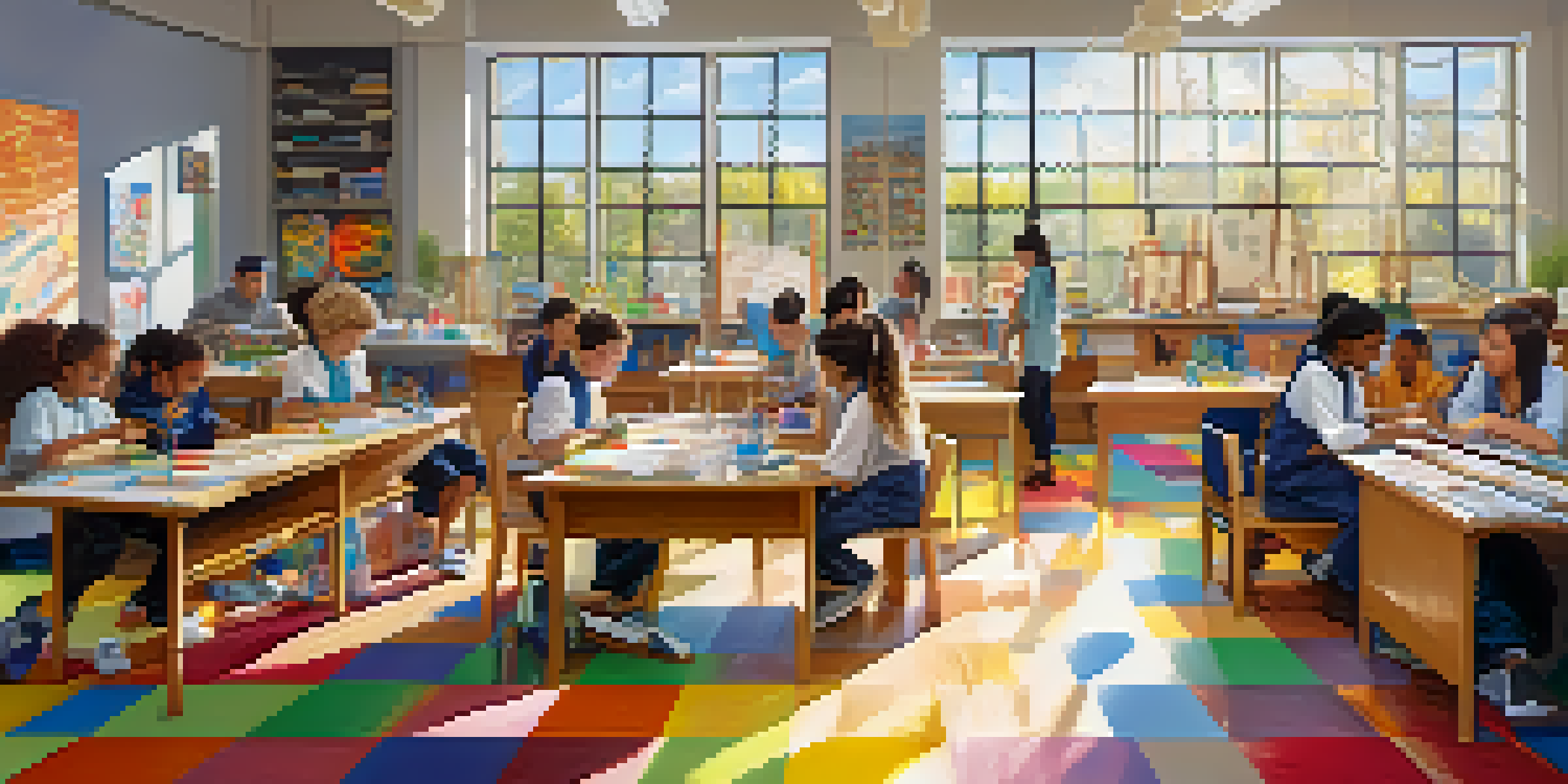 A colorful classroom with students working on art and science projects, showcasing creativity and collaboration.