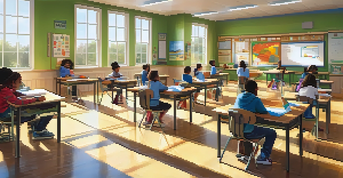 A vibrant classroom with diverse students collaborating on hands-on projects, illuminated by natural light.