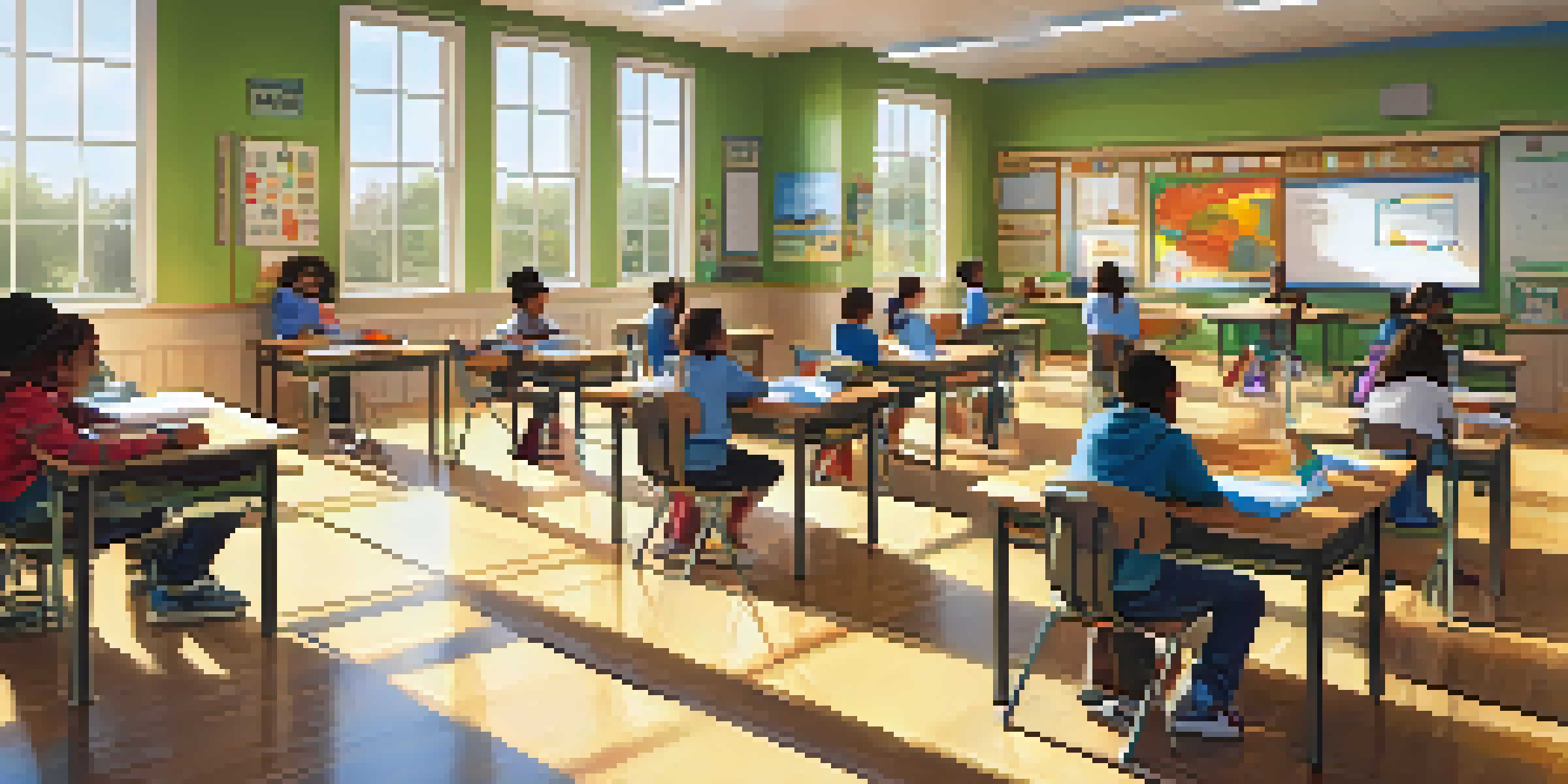 A vibrant classroom with diverse students collaborating on hands-on projects, illuminated by natural light.