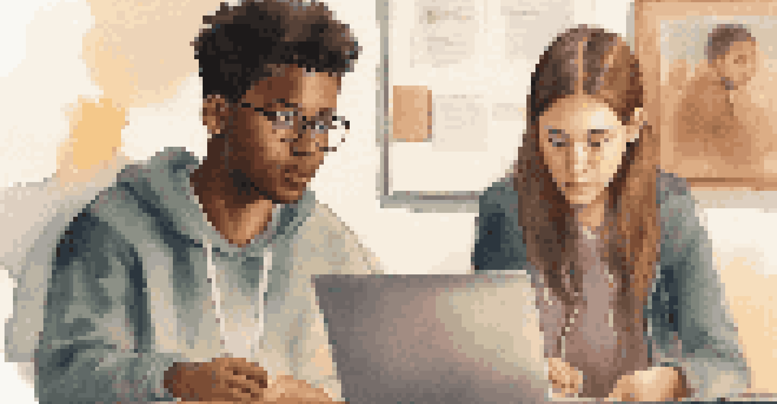 Two students engaging in peer feedback, one pointing at a laptop while the other listens with a notebook, creating a collaborative learning environment.