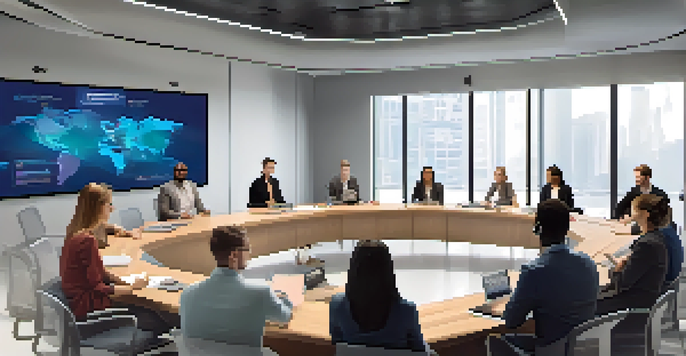 A group of diverse individuals participating in an online debate, showcasing a modern virtual meeting room with a bright and collaborative atmosphere.