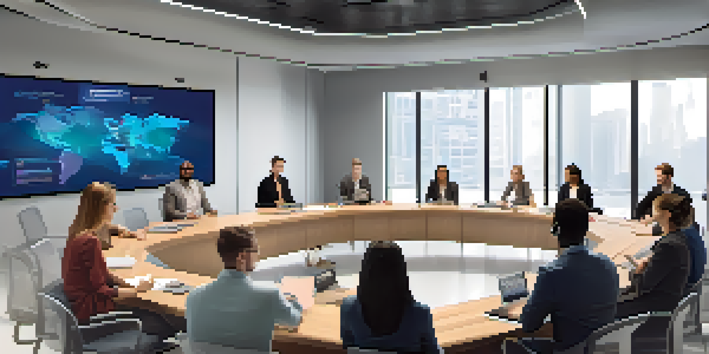 A group of diverse individuals participating in an online debate, showcasing a modern virtual meeting room with a bright and collaborative atmosphere.